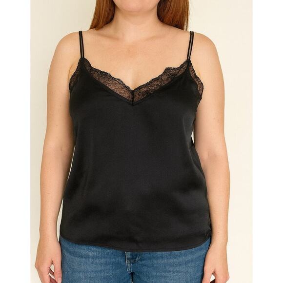 Abercrombie & Fitch black satin Cami lingerie tank spaghetti strap lace trim XS - Picture 1 of 6